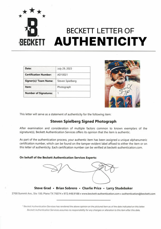 Steven Spielberg Signed 18X12 Photo Jurassic Park Beckett BAS AD10021 LOA