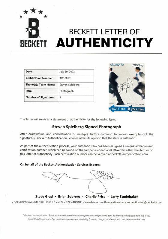 Steven Spielberg Signed 18X12 Photo Catch Me If You Can Beckett BAS AD10019 LOA