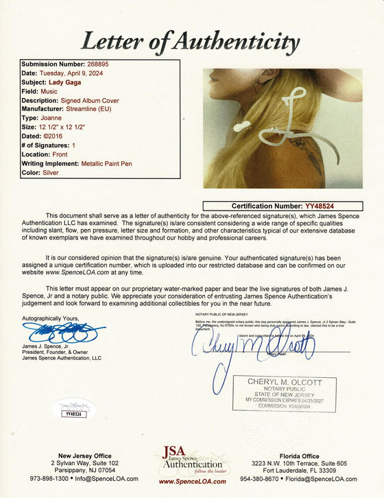 Lady Gaga Signed Joanne Vinyl TPA YY48524 JSA COA LOA