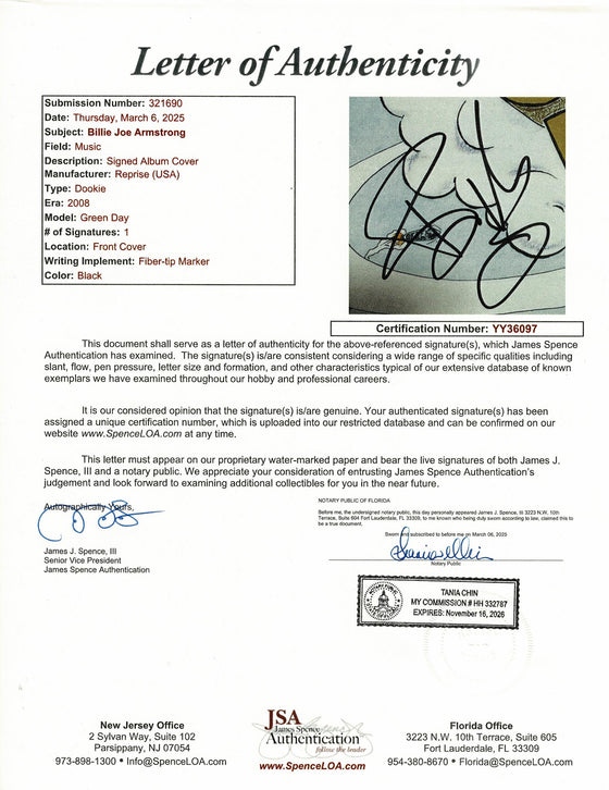 Green Day Billie Joe Armstrong Signed Dookie LP | JSA Authenticated | LOA