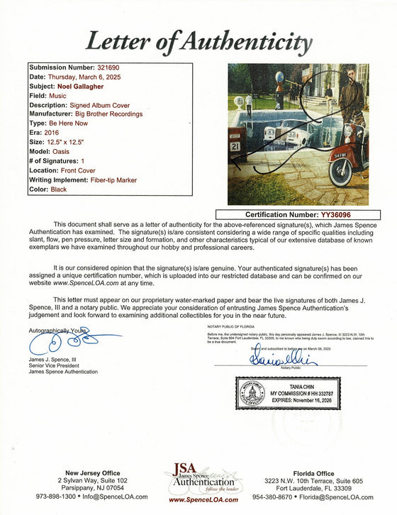 Noel Gallagher Signed Oasis Record | Be Here Now | JSA Full LOA