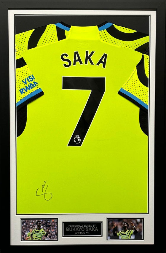 Bukayo Saka SIGNED & Framed Arsenal F.C. Away Jersey Genuine Signature AFTAL COA