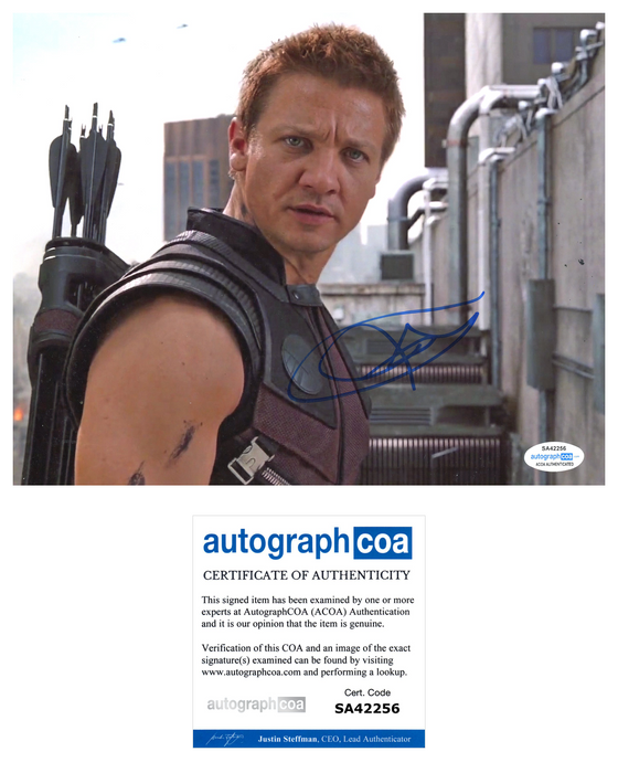 Jeremy Renner Signed 10X8 Photo Avengers Hawkeye Clint Barton ACOA TPA COA (7415