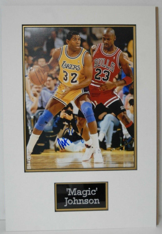 Magic Johnson SIGNED 14X11 PHOTO Mounted Display Los Angeles Lakers AFTAL COA