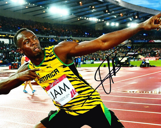 Usain Bolt Signed 10X8 PHOTO DISPLAY Olympic Legend JAMAICA AFTAL COA (G)