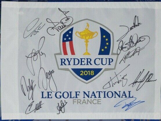 Ryder Cup Team Signed & Framed 2018 Paris PIN FLAG Signed BY 13 AFTAL With COA