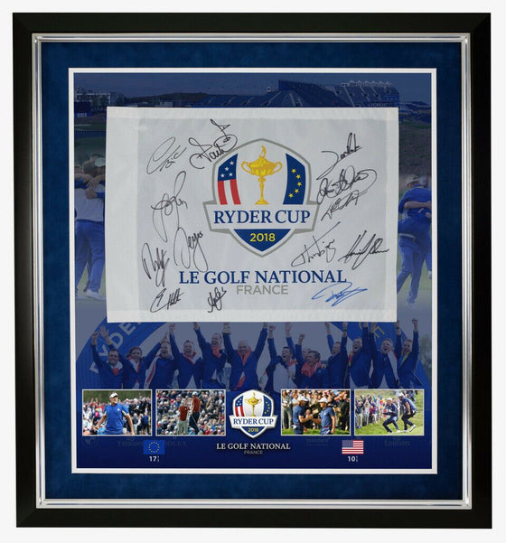 Ryder Cup Team Signed & Framed 2018 Paris PIN FLAG Signed BY 13 AFTAL With COA