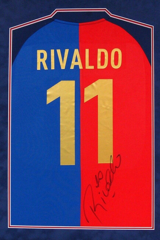 Rivaldo Signed & Framed Jersey Barcelona Brazil Genuine Signature AFTAL COA (C)