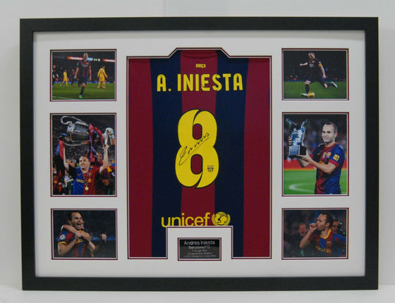 Andres Iniesta Hand Signed Barcelona Shirt FRAMED AUTOGRAPH GENUINE AFTAL (A)