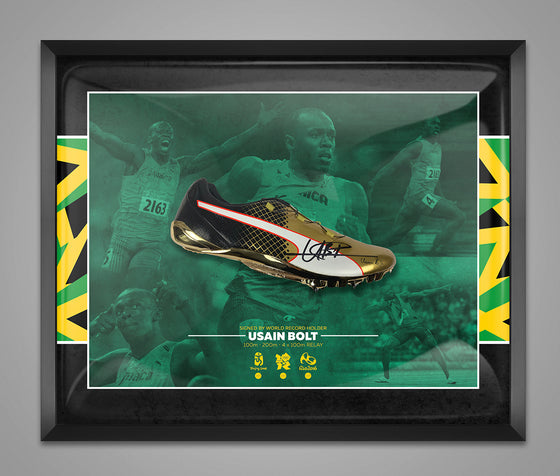 Usain Bolt Signed & FRAMED Puma Spike Olympics JAMAICA AFTAL COA