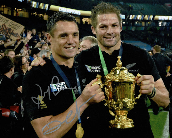 Richie McCaw & Dan Carter Signed 10X8 Photo ALL BLACKS 2015 RUGBY AFTAL COA 2304