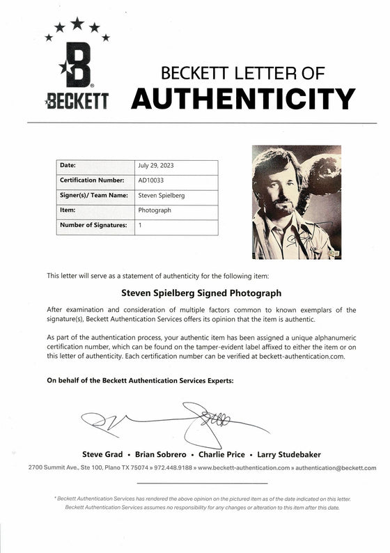 Steven Spielberg Signed 10X8 Photo E.T. Beckett AD10033 LOA (7273)