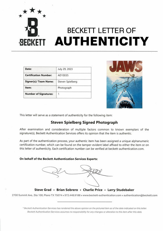 Steven Spielberg Signed 10X8 Photo JAWS Beckett AD10035 LOA (7276)