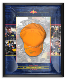  Max Verstappen Sergio Perez Signed Framed Redbull Cap Genuine Signature JSA COA