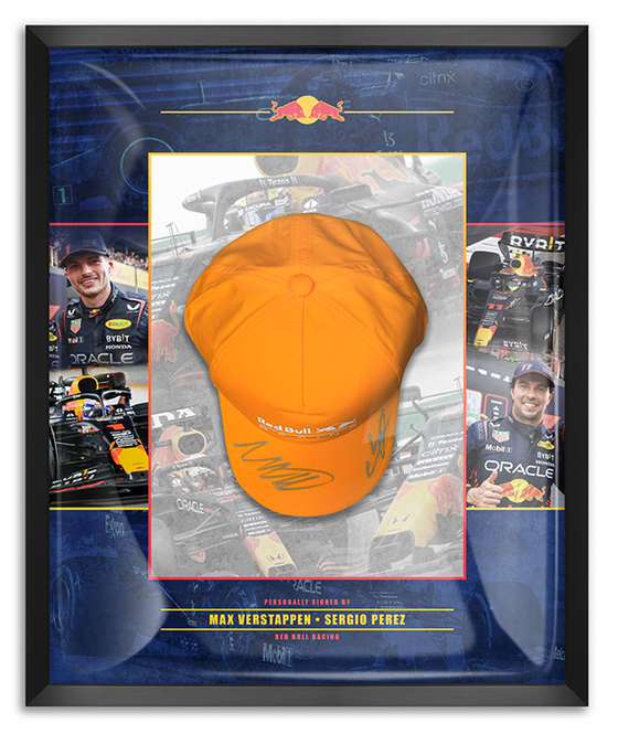 Max Verstappen Sergio Perez Signed Framed Redbull Cap Genuine Signature JSA COA