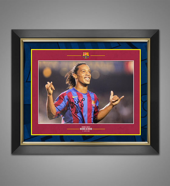 Ronaldinho SIGNED & FRAMED 12X8 Photo Barcelona Genuine Signature AFTAL COA