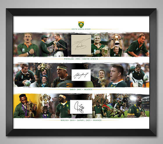 Siya Kolisi John Smit & Francois Pienaar Signed & Framed RWC Captains AFTAL COA