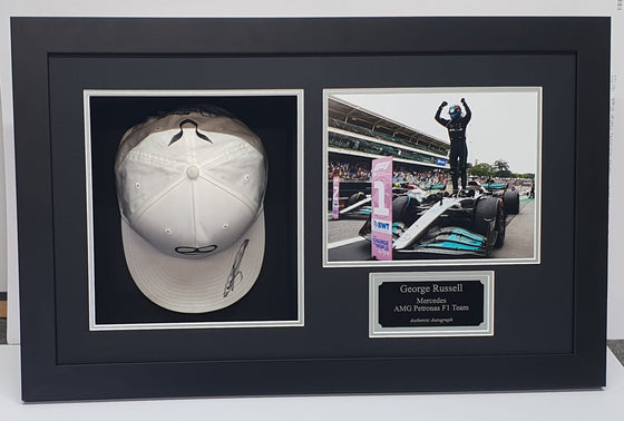 George Russell Signed Mercedes Cap Box Framed Genuine Signature AFTAL COA